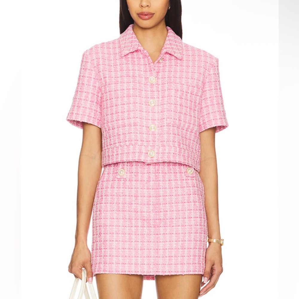 Lovers + Friends Pink Tweed Matching Set Crop Top Mini Skirt Size XS